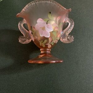 Fenton Pink and Green Hand-Painted Glass Vase